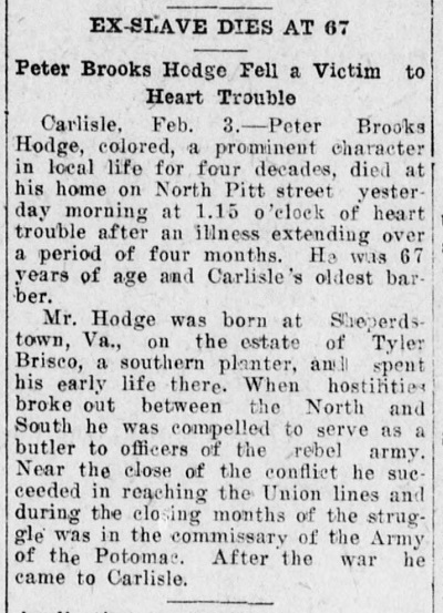 Newspaper death notice of former slave Peter Brooks Hodge, 1915.